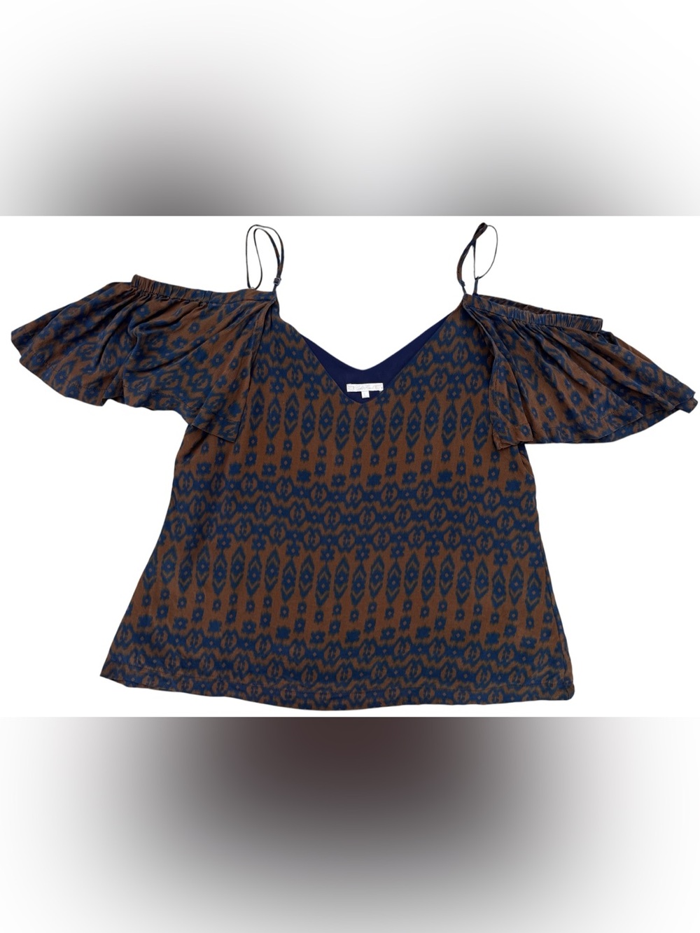 Gold Hawk Off Shoulder Silk Cami Top Brown Navy Ikat Print - L